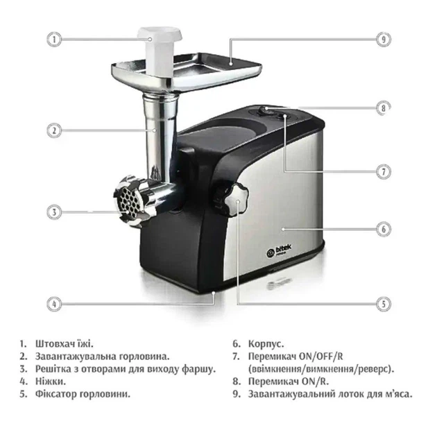 Мощная Электрическая мясорубка в металлическом корпусе 4200Вт BITEK BT-3700 со шнековой соковыжималкой, насадками для шинковки, колбас и кеббе черный с серебристым - изображение 7