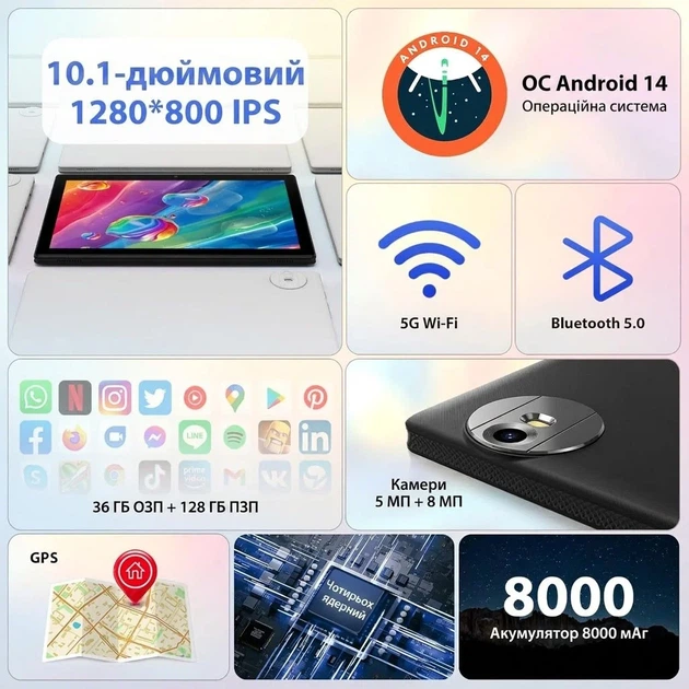 Планшет 10.1" RUSHAR L211 12+24/128Gb 8 ядер Android 14 8000 mAh Черный (102181058) - Фото 4 Планшет 10.1" RUSHAR L211 12+24/128Gb 8 ядер Android 14 8000 mAh Черный (102181058) - изображение 4