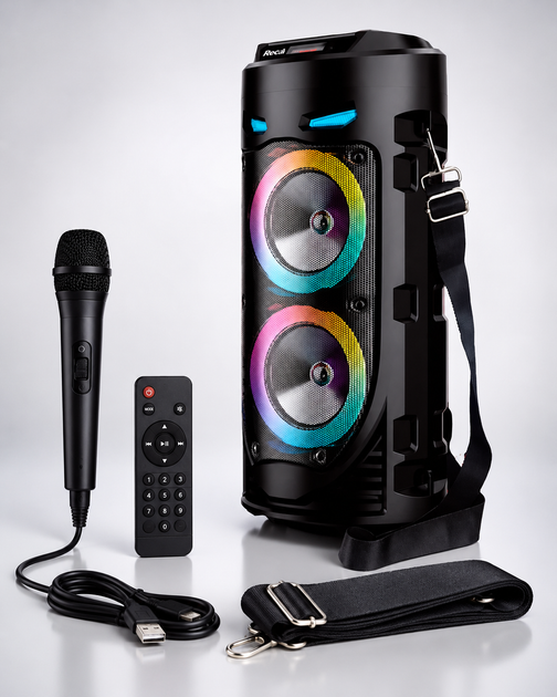 Переносная музыкальная колонка 60Вт 40х17см с Bluetooth и микрофоном Акустика с аккумулятором 1500 мА·ч Led подсветкой и пультом - Фото 7 Переносная музыкальная колонка 60Вт 40х17см с Bluetooth и микрофоном Акустика с аккумулятором 1500 мА·ч Led подсветкой и пультом - изображение 7
