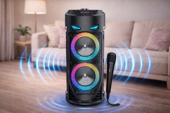 Переносная музыкальная колонка 60Вт 40х17см с Bluetooth и микрофоном Акустика с аккумулятором 1500 мА·ч Led подсветкой и пультом - Фото 8 Переносная музыкальная колонка 60Вт 40х17см с Bluetooth и микрофоном Акустика с аккумулятором 1500 мА·ч Led подсветкой и пультом - изображение 8