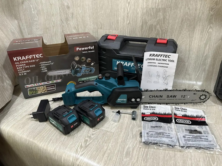 Ланцюгова міні пила акумуляторна Krafftec 12 дюймів 52V 6Ah / 2500 Вт / 2 акумулятори - зображення 7