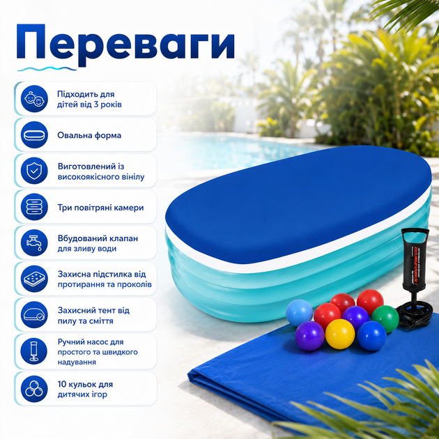Детский надувной бассейн Intex 57482-3 «Морские друзья» 163×107×46 см с овальной формой, тремя воздушными камерами, защитным тентом, подстилкой, ручным насосом и 10 игровыми шариками - изображение 5