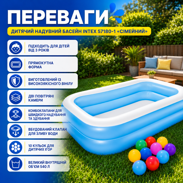 Детский надувной бассейн Intex 57180-1 «Семейный» прямоугольный 203 × 152 × 48 см с двумя воздушными камерами, сливным клапаном и 10 игровыми шариками - изображение 3