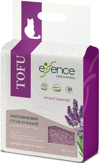 Наповнювач для котячого туалету Essence з тофу з ароматом лаванди 6 л - Фото 1 Наповнювач для котячого туалету Essence з тофу з ароматом лаванди 6 л - зображення 1