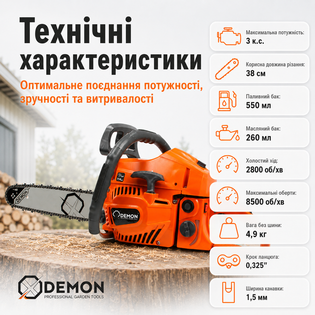 Бензопила цепная DEMON M831342 3 л.с. двухтактная, бензиновая пила для заготовки дров, обрезки деревьев, сада, дачи, дома - изображение 3