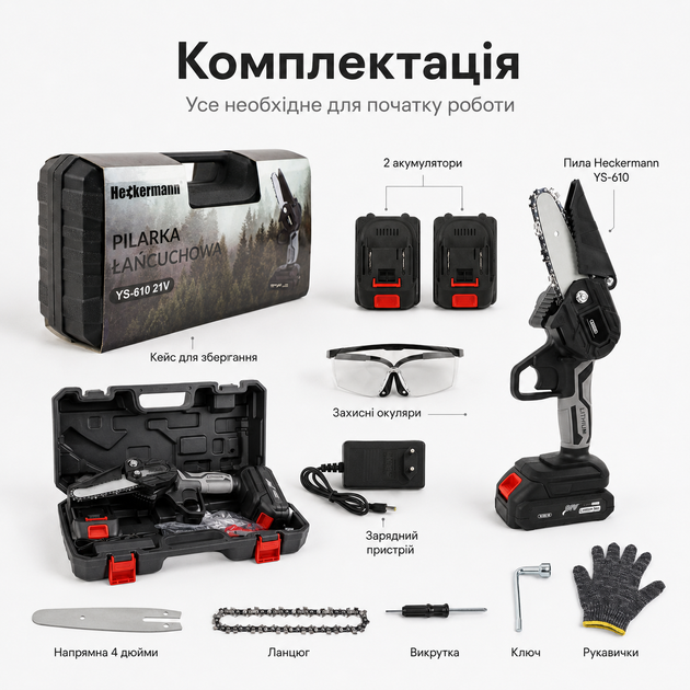 Аккумуляторная цепная мини-пила Heckermann YS-610 21 В 550 Вт с 2 аккумуляторами, ручная садовая пила 4 дюйма для обрезки веток - Фото 5 Аккумуляторная цепная мини-пила Heckermann YS-610 21 В 550 Вт с 2 аккумуляторами, ручная садовая пила 4 дюйма для обрезки веток - изображение 5