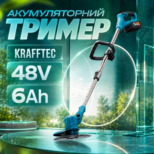 Аккумуляторный триммер Krafftec 48 В, 6 А·ч с двумя аккумуляторами, бесщеточным двигателем и телескопической штангой для кошения травы, сорняков и ухода за газоном - изображение 2