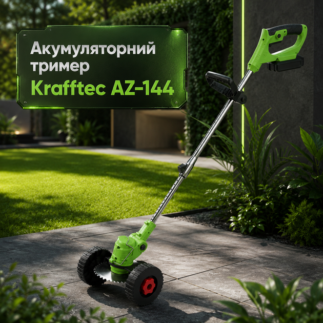 Аккумуляторный триммер Krafftec AZ-144 42 В, 550 Вт с двумя аккумуляторами, телескопической штангой длиной 90–122 см и комплектом колес для кошения травы, сорняков и ухода за газоном - изображение 5