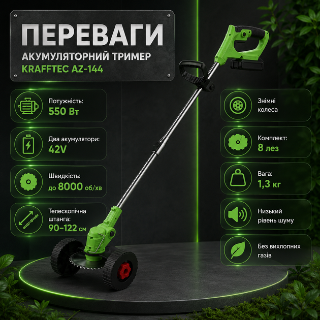 Аккумуляторный триммер Krafftec AZ-144 42 В, 550 Вт с двумя аккумуляторами, телескопической штангой длиной 90–122 см и комплектом колес для кошения травы, сорняков и ухода за газоном - изображение 7