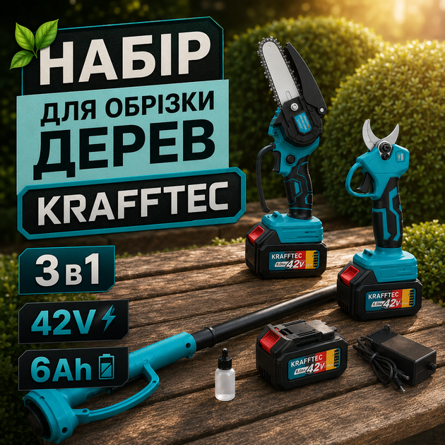 Аккумуляторный садовый набор Krafftec 3-в-1 42 В 6 А·ч с секатором, мини-цепной пилой 15 см, телескопической штангой 2,7 м и двумя аккумуляторами для обрезки деревьев и кустарников - изображение 8