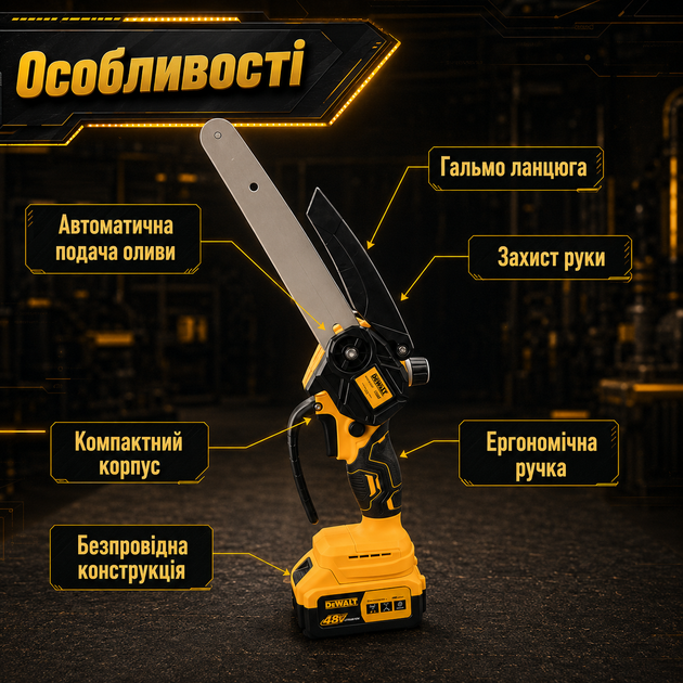 Акумуляторна міні-пила DeWalt 48V 6Ah із шиною 20 см, двома акумуляторами, автоматичним змащенням ланцюга та одноручною конструкцією для обрізки дерев і кущів - зображення 9
