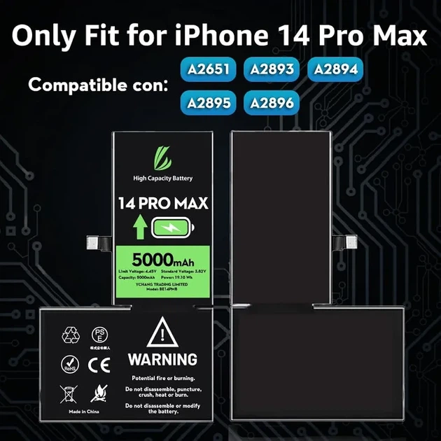 Аккумулятор LL Trader для iPhone 14 Pro Max, литий-полимерный аккумулятор высокой емкости 5000 мАч - Фото 2 Аккумулятор LL Trader для iPhone 14 Pro Max, литий-полимерный аккумулятор высокой емкости 5000 мАч - изображение 2