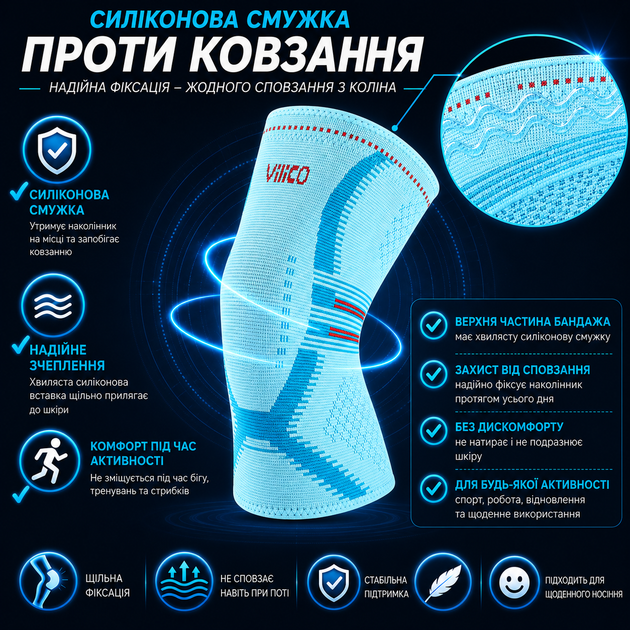 Наколінники компресійні Vilico AB207 розмір XL 2 шт, блакитні, для фітнесу, бігу та щоденної стабілізації коліна - зображення 2