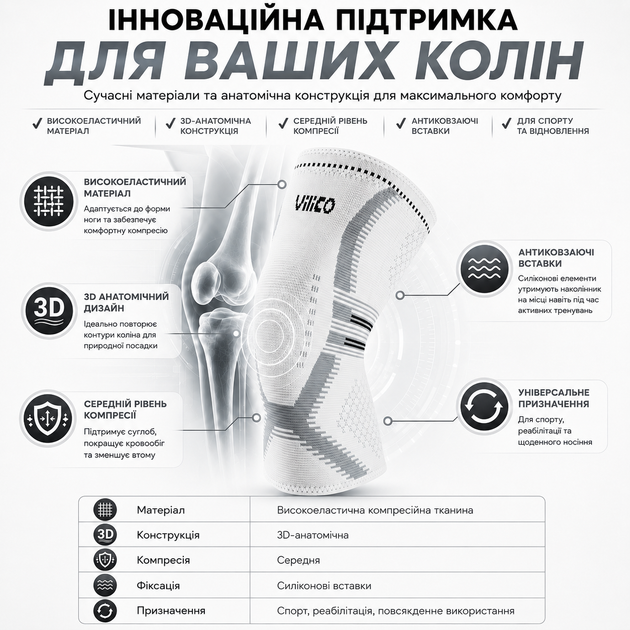 Наколенник Vilico 207, эластичный бандаж на колено для бега, фитнеса и поддержки коленного сустава, белый, размер L, 1 шт. - изображение 7