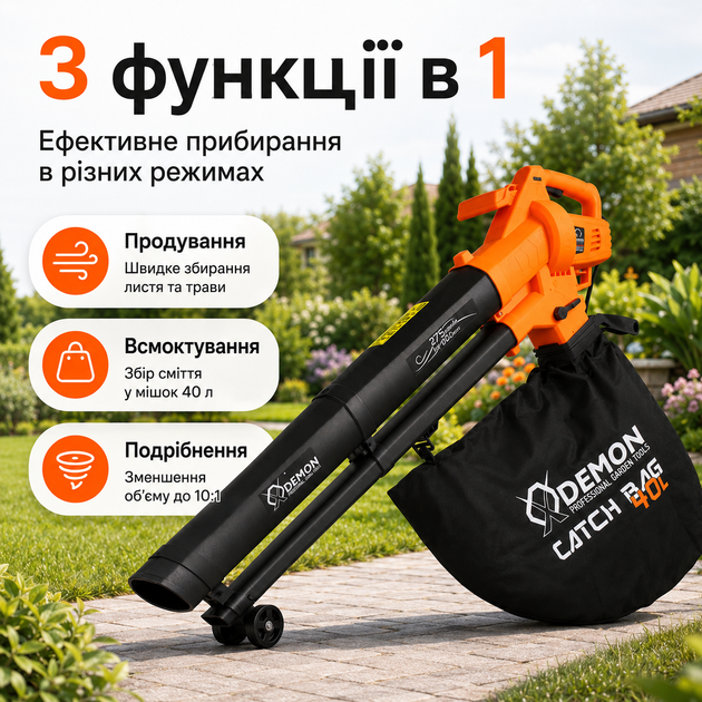 Садовый пылесос-воздуходувка DEMON M88165 3000 Вт электрический, воздуходув для листьев с функцией всасывания, измельчением 10:1 - изображение 3