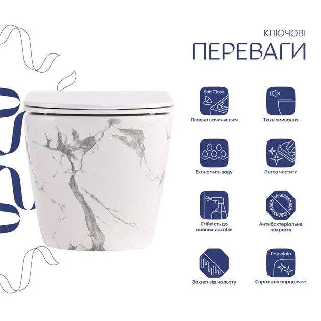 Унитаз подвесной Qtap Robin Ultra Quiet 520x365x340 мм Дюропласт Marble - изображение 3