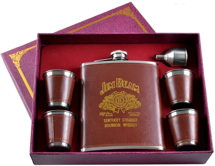 Подарунковий набір Jim Beam коричневий (фляга, 4 чарки, лійка) Гранд Презент TZ-6-2 - Фото 1 Подарунковий набір Jim Beam коричневий (фляга, 4 чарки, лійка) Гранд Презент TZ-6-2 - зображення 1
