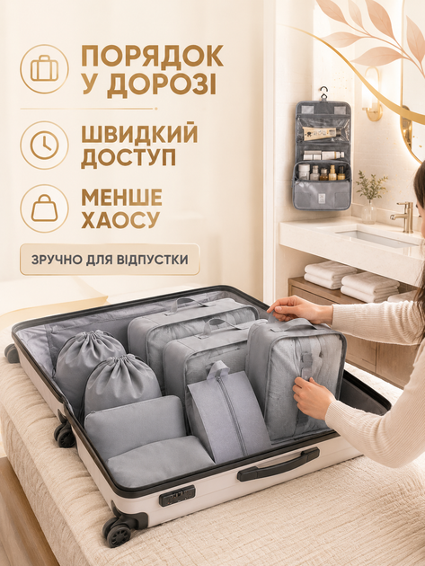 Набор дорожных органайзеров для чемодана 11 в 1 для одежды обуви белья косметики вещей путешествий серый (49676173) - изображение 4