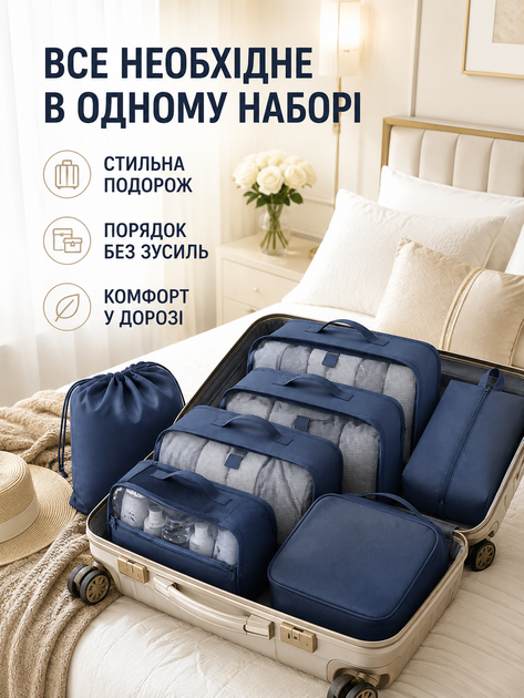 Набор дорожных органайзеров для чемодана 11 в 1 для одежды обуви белья косметики вещей путешествий синий (49676174) - изображение 7