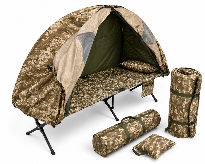 Раскладушка NEST НАТО XL 206×72 Пиксель с карманом в чехле, матрасом, подушкой и 1-местная палатка антимосктина сетка - Фото 1 Раскладушка NEST НАТО XL 206×72 Пиксель с карманом в чехле, матрасом, подушкой и 1-местная палатка антимосктина сетка - изображение 1