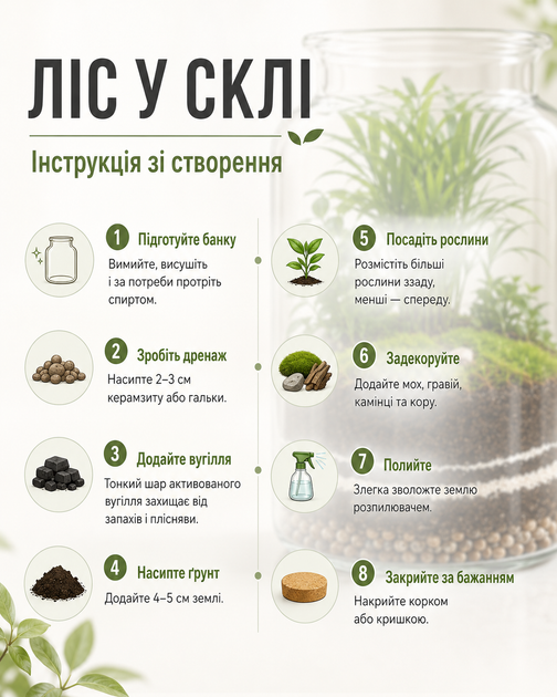 Флораріум Ліс у банці 25х16 см. Жива екосистема в склі з живими рослинами, рослинний тераріум для дому та офісу - зображення 5