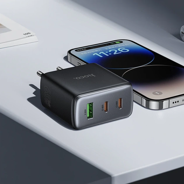 Мережевий зарядний пристрій HOCO C160A Upgrade PD65W(2C1A) charger Black - Фото 8 Мережевий зарядний пристрій HOCO C160A Upgrade PD65W(2C1A) charger Black - изображение 8