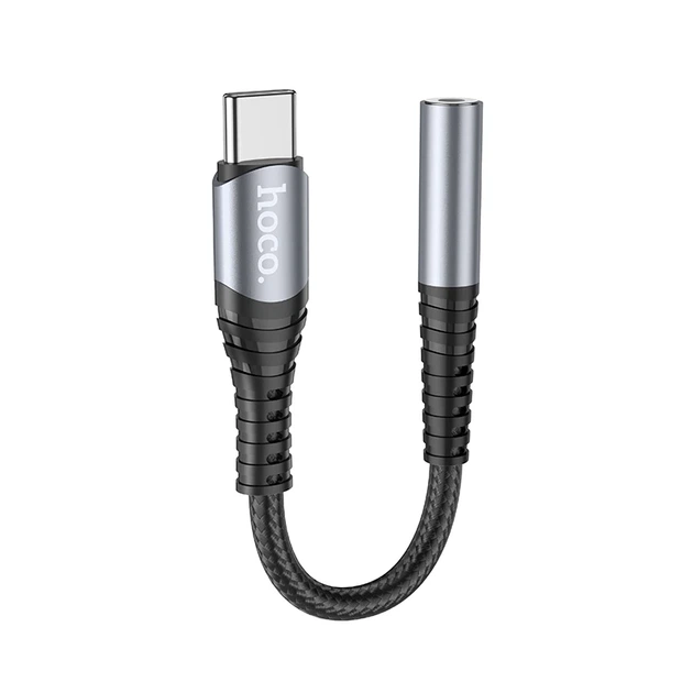 Аудіокабель HOCO LS33 Type-C to 3.5 female, nylon braid, 0,12m, Metal Gray - Фото 1 Аудіокабель HOCO LS33 Type-C to 3.5 female, nylon braid, 0,12m, Metal Gray - зображення 1