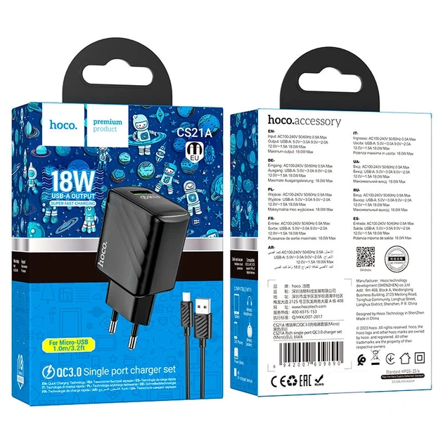 Мережевий зарядний пристрій з кабелем HOCO CS21A Rich single port QC3.0 charger set(Micro)(EU) Black - Фото 2 Мережевий зарядний пристрій з кабелем HOCO CS21A Rich single port QC3.0 charger set(Micro)(EU) Black - изображение 2