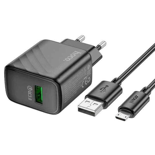 Мережевий зарядний пристрій з кабелем HOCO CS21A Rich single port QC3.0 charger set(Micro)(EU) Black - Фото 4 Мережевий зарядний пристрій з кабелем HOCO CS21A Rich single port QC3.0 charger set(Micro)(EU) Black - изображение 4