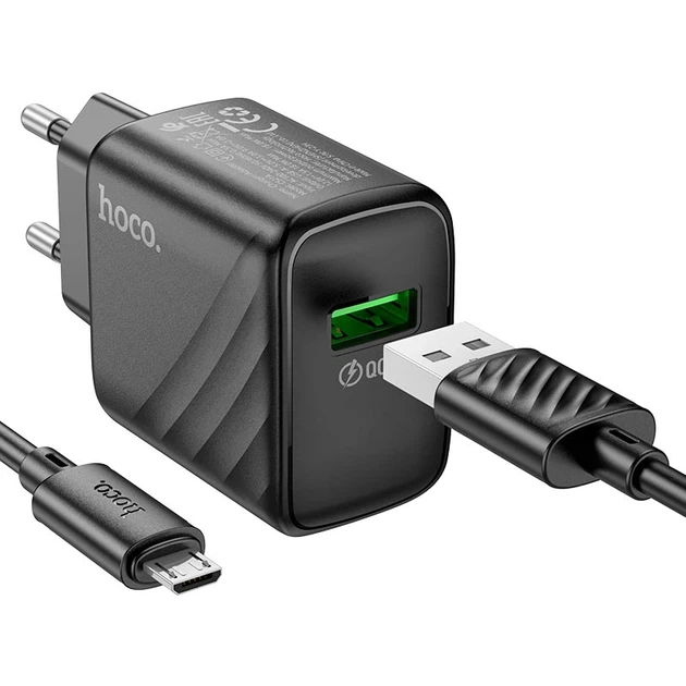 Мережевий зарядний пристрій з кабелем HOCO CS21A Rich single port QC3.0 charger set(Micro)(EU) Black - Фото 5 Мережевий зарядний пристрій з кабелем HOCO CS21A Rich single port QC3.0 charger set(Micro)(EU) Black - изображение 5
