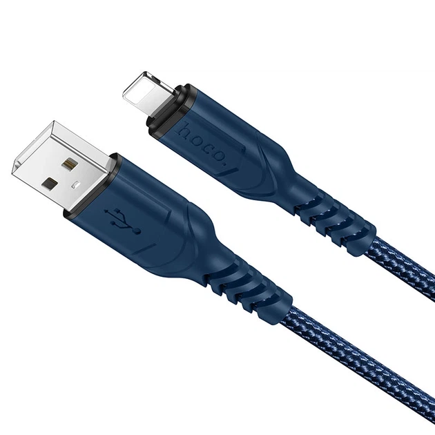 Кабель HOCO X59 USB to iP 2.4A, 1m, nylon, TPE connectors, Blue - Фото 1 Кабель HOCO X59 USB to iP 2.4A, 1m, nylon, TPE connectors, Blue - зображення 1