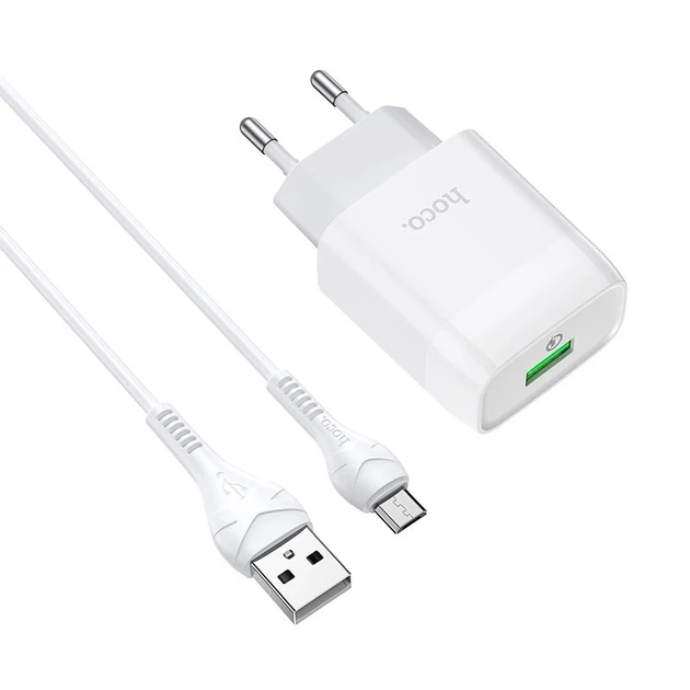 Мережевий зарядний пристрій з кабелем HOCO C72Q Glorious single port QC3.0 charger set(Micro) 18W White - Фото 3 Мережевий зарядний пристрій з кабелем HOCO C72Q Glorious single port QC3.0 charger set(Micro) 18W White - зображення 3