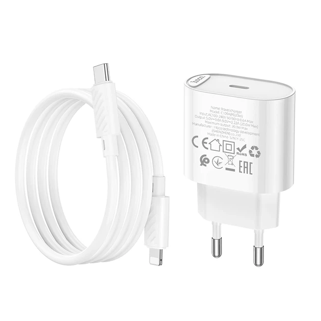 Мережевий зарядний пристрій з кабелем HOCO C109A(PD20W) Fighter single port PD20W charger set(C to iP) White - Фото 7 Мережевий зарядний пристрій з кабелем HOCO C109A(PD20W) Fighter single port PD20W charger set(C to iP) White - изображение 7