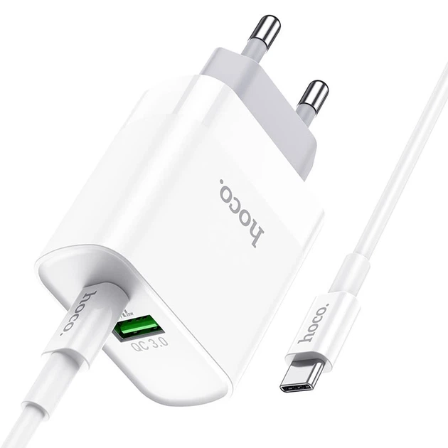Мережевий зарядний пристрій з кабелем HOCO C80A Rapido PD20W+QC3.0 charger set (Type-C TO Type-C)(EU) White - Фото 3 Мережевий зарядний пристрій з кабелем HOCO C80A Rapido PD20W+QC3.0 charger set (Type-C TO Type-C)(EU) White - изображение 3