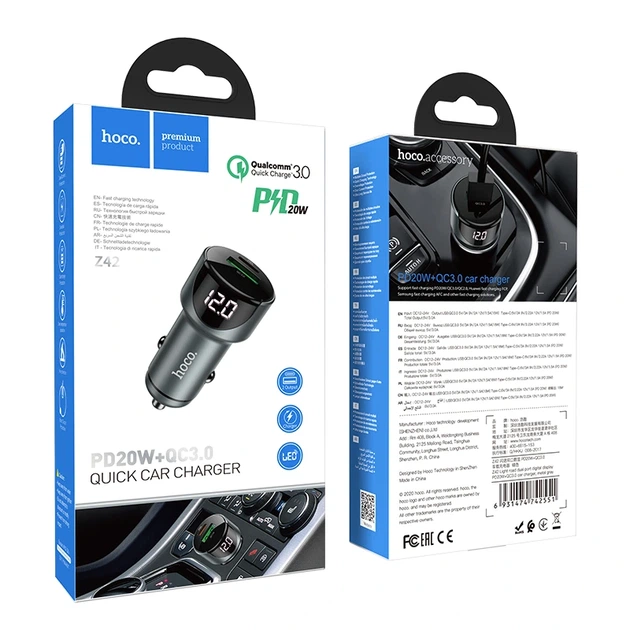 Автомобільний зарядний пристрій HOCO Z42 Light road dual port digital display PD20W+QC3.0 car charger Metal Gray - изображение 2