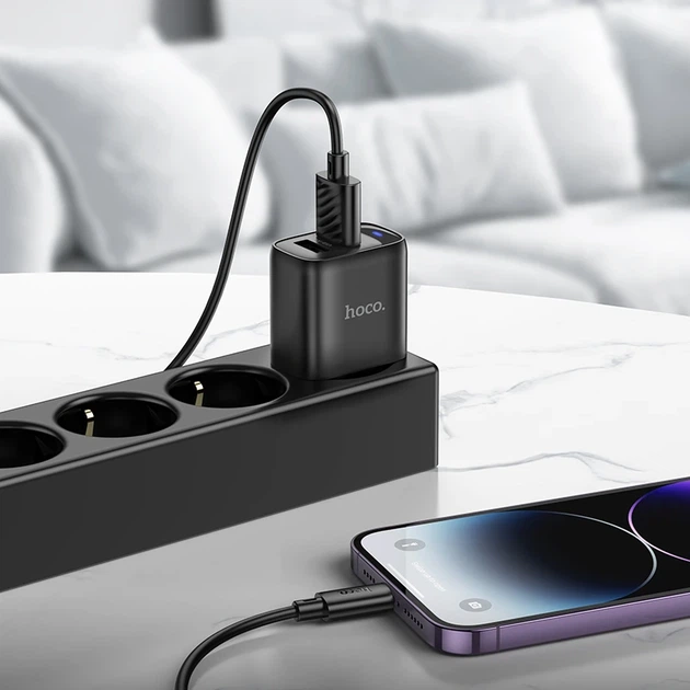 Мережевий зарядний пристрій з кабелем HOCO C141A Smart dual-port charger set(iP) Black - Фото 5 Мережевий зарядний пристрій з кабелем HOCO C141A Smart dual-port charger set(iP) Black - изображение 5