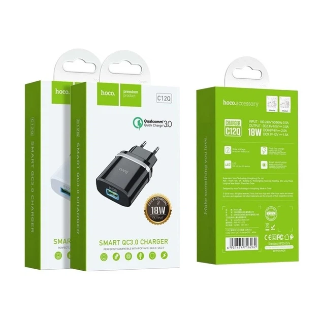 Мережевий зарядний пристрій HOCO C12Q Smart QC3.0 charger 18W Black - зображення 2