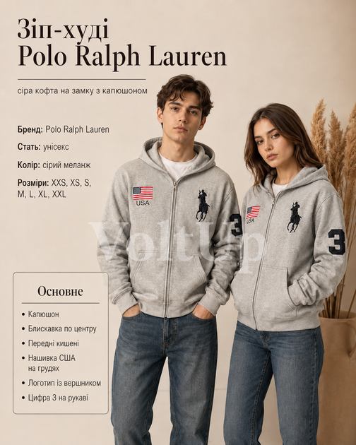 Толстовка Polo Ralph Lauren серый унисекс - на замке с капюшоном, карманами, нашивкой USA и номером 3 на рукаве размер L - изображение 2