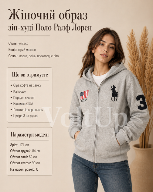 Толстовка Polo Ralph Lauren серый унисекс - на замке с капюшоном, карманами, нашивкой USA и номером 3 на рукаве размер L - изображение 5
