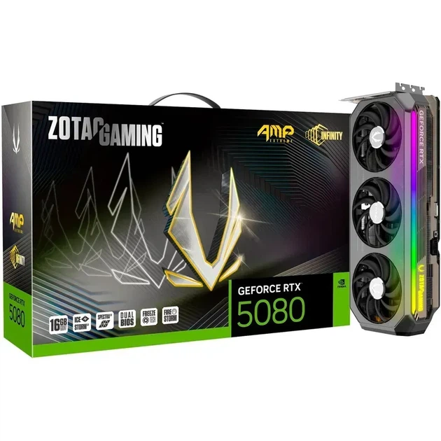 Відеокарта Zotac GeForce RTX 5080 GAMING AMP Extreme INFINITY (ZT-B50800B-10P) - Фото 1 Відеокарта Zotac GeForce RTX 5080 GAMING AMP Extreme INFINITY (ZT-B50800B-10P) - зображення 1