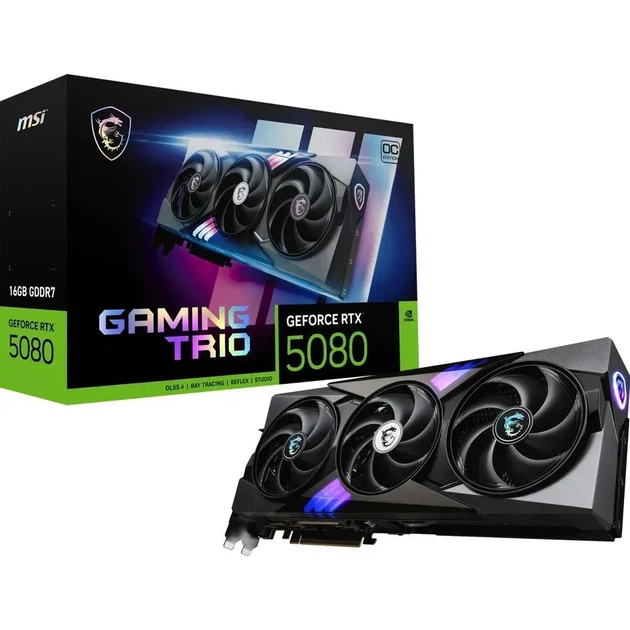 Відеокарта MSI GeForce RTX 5080 GAMING TRIO OC (RTX 5080 16G GAMING TRIO OC) - Фото 1 Відеокарта MSI GeForce RTX 5080 GAMING TRIO OC (RTX 5080 16G GAMING TRIO OC) - зображення 1