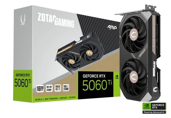 Видеокарта Zotac GeForce RTX 5060 Ti GAMING AMP (ZT-B50620F-10M) - Фото 1 Видеокарта Zotac GeForce RTX 5060 Ti GAMING AMP (ZT-B50620F-10M) - изображение 1