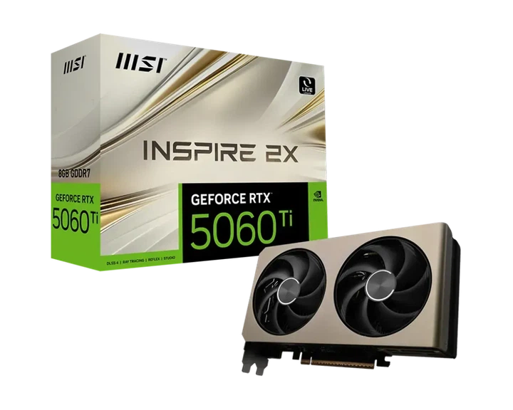 Видеокарта MSI GeForce RTX 5060 Ti INSPIRE 2X (RTX 5060 Ti 8G INSPIRE 2X) - Фото 1 Видеокарта MSI GeForce RTX 5060 Ti INSPIRE 2X (RTX 5060 Ti 8G INSPIRE 2X) - изображение 1