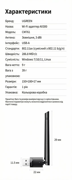 Wi-Fi адаптер UGREEN USB WIFI адаптер для ПК 2.4 ГГц 286 Мбит/с с внешней антенной 3 dBi Black (CM761) - изображение 10