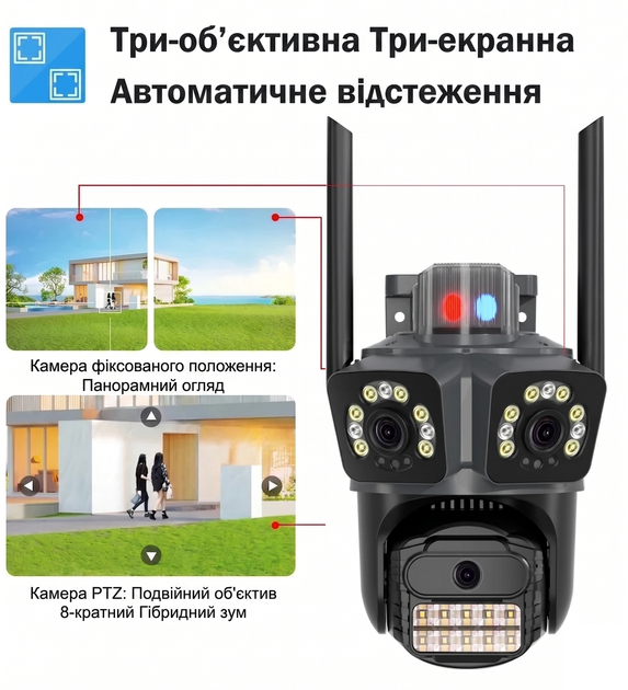 Уличная поворотная камера с тремя объективами, на приложении iCsee 9МП, обзор 360˚, XM55 - изображение 4