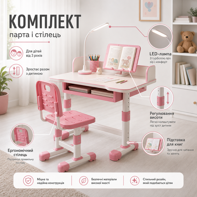 Детская парта со стулом, регулируемая, растущий комплект для школьника, учебный стол с LED-лампой, подставкой для книг и выдвижным ящиком, эргономичная мебель для учебы, рисования и творчества, розовый - изображение 9