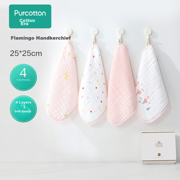 Дитячий рушник для обличчя PurCotton Baby Drool Bib, марлевий рушник з чистої бавовни, подарунковий набір, візерунок з фламінго, 4 шт., 25×25 см - изображение 4