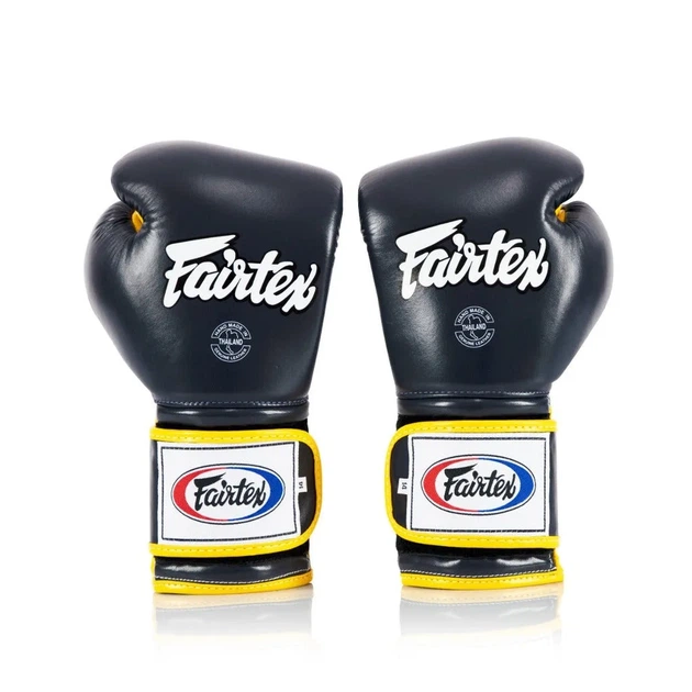Боксерские перчатки Fairtex натуральная кожа 18 унций синие желтые. - изображение 5