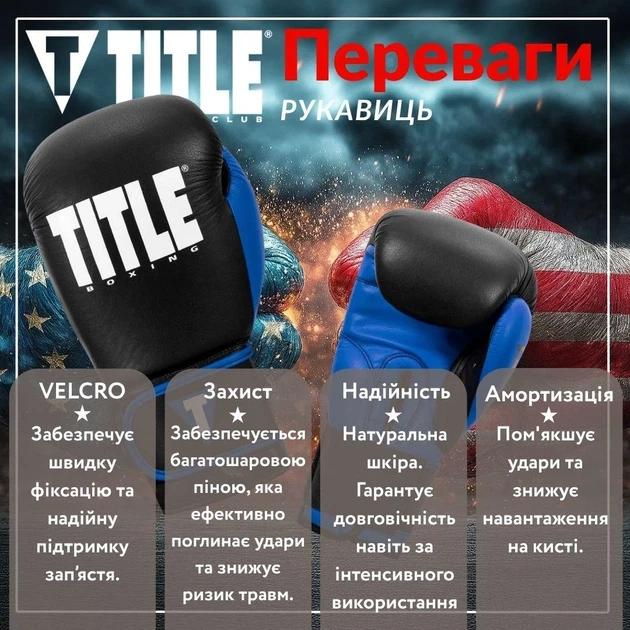 Боксерські рукавиці TITLE натуральна шкіра 14 oz чорні сині - зображення 3