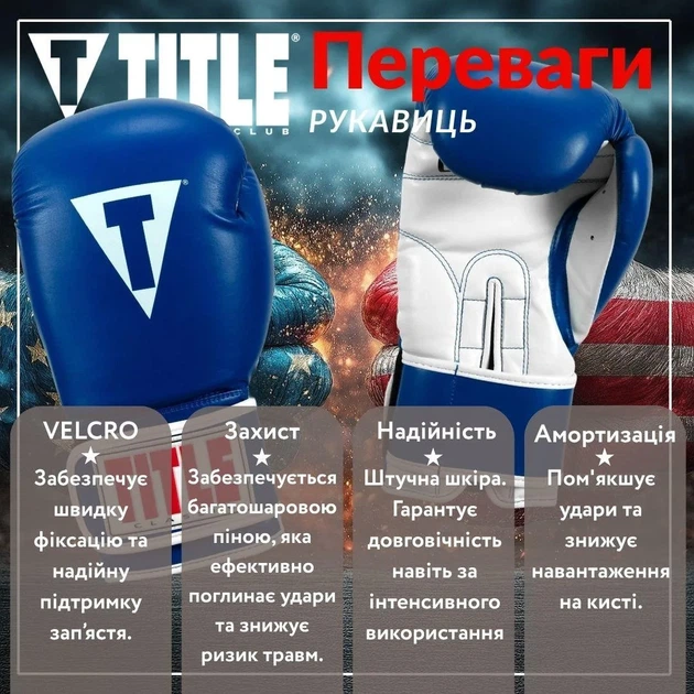 Боксерські рукавиці TITLE синтетична шкіра 14 oz сині з капою в комплекті - зображення 3